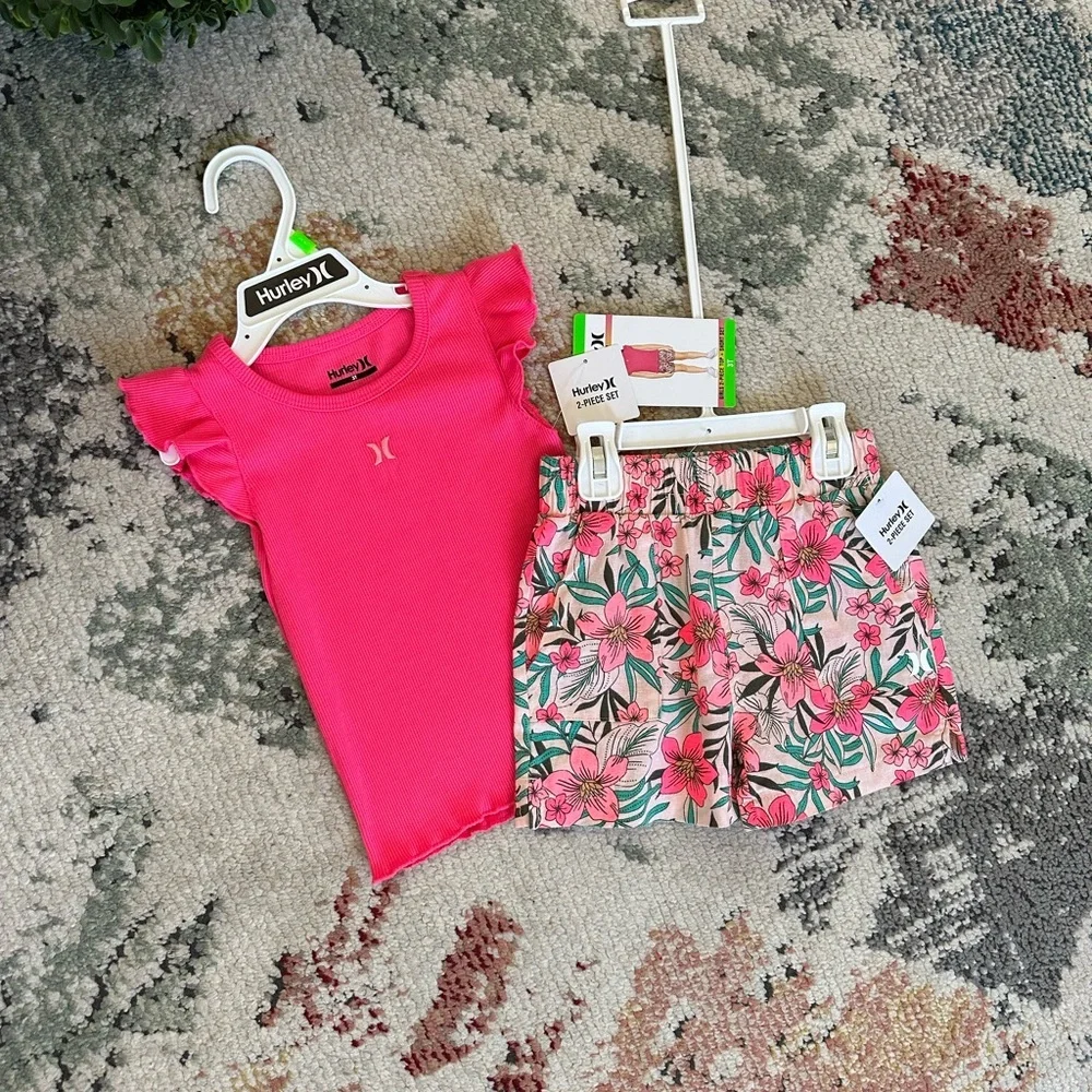 New Hurley Pink Top and Floral Shorts Set Size 3T Toddler Girl - Picture 12 of 12